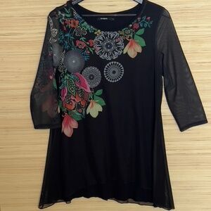 Desigual boho floral sheer tunic top size L large black multicolor